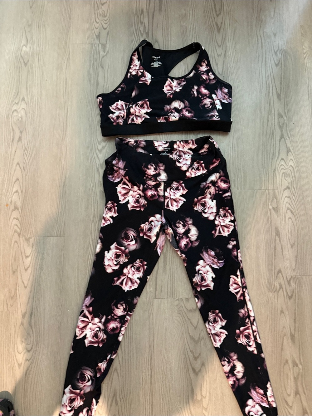 torrid Black Leggings and Sports Bra Set with Pink Rose Print